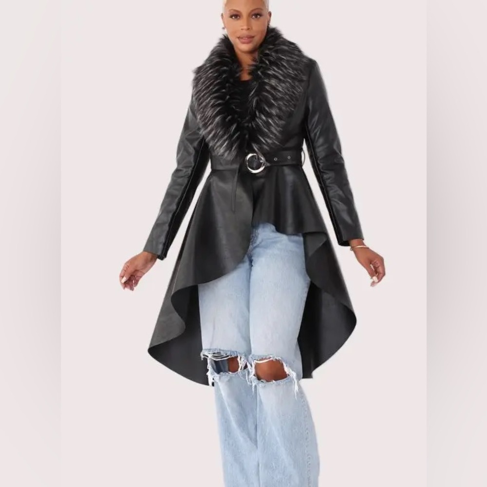 Black Faux Leather Jacket with Fur Collar